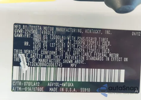 2012 Toyota Venza Xle z USA, uszkodzony, nr VIN 4T3ZA3BB6CU061745